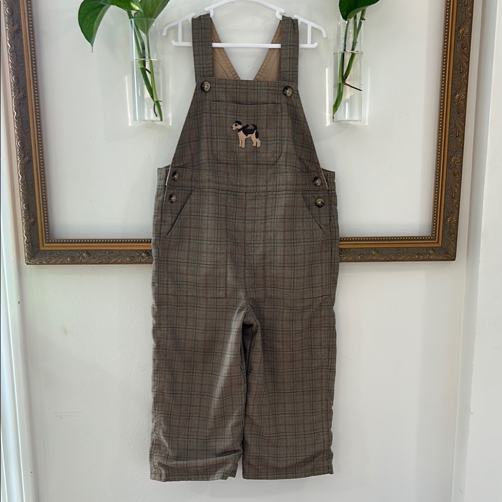 Janie and Jack Brown Green & Red Plaid Overalls with Terrier Embroidery